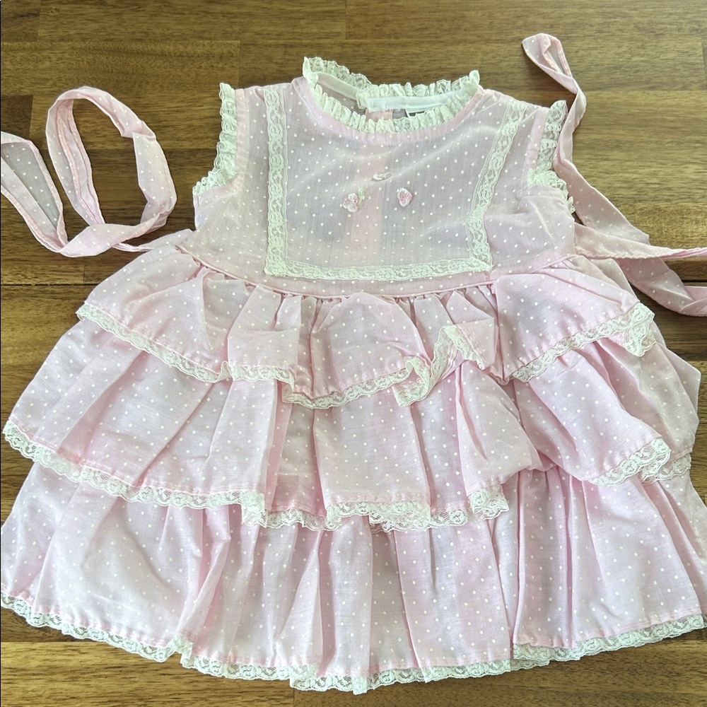 Girls Vintage Montgomery Ward Pink Polka Dot Ruffled Dress